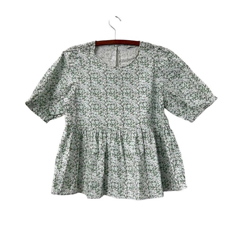 Pigalle Womens Green Blue Floral Puff Sleeve Ruffle Hem Cottagecore Blouse Sz S